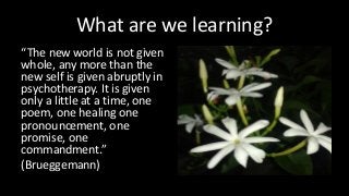 What are we learning?
“The new world is not given
whole, any more than the
new self is given abruptly in
psychotherapy. It is given
only a little at a time, one
poem, one healing one
pronouncement, one
promise, one
commandment.”
(Brueggemann)
 