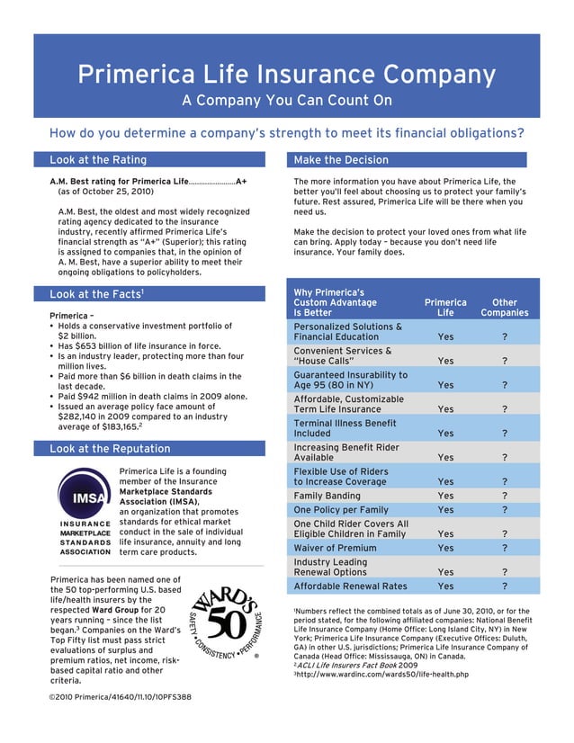 Primerica Life Insurance Company Datasheet PDF