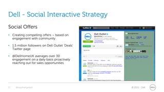 Dell - Social Interactive Strategy
Social Offers
• Creating compelling offers – based on
  engagement with community

• 1.5 million followers on Dell Outlet ‘Deals’
  Twitter page

• @DellHomeUK averages over 30
  engagement on a daily basis proactively
  reaching out for sales opportunities




23   @stephenjatdell                             © 2011 - Dell
 