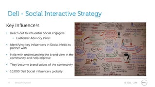 Dell - Social Interactive Strategy
Key Influencers
• Reach out to influential Social engagers
     – Customer Advisory Panel

• Identifying key Influencers in Social Media to
  partner with

• Help with understanding the brand view in the
  community and help improve

• They become brand voices of the community

• 10,000 Dell Social Influencers globally


24    @stephenjatdell                              © 2011 - Dell
 