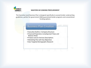  
	
  
	
  
MASTERS	
  IN	
  FUNDING	
  PROCUREMENT	
  
	
  
The	
  ExecuPve	
  Level	
  Business	
  Plan	
  is	
  designed	
  speciﬁcally	
  to	
  exceed	
  lender	
  underwriPng	
  
guidelines,	
  perfect	
  for	
  government	
  (SBA)	
  guaranteed	
  lender	
  programs	
  and	
  convenPonal	
  
funding	
  opPons.	
  
	
  
	
  
	
  
	
  
	
  	
  
	
  
	
  
	
  
	
  
	
  
	
  
	
  
	
  	
  
• ExecuPve	
  Outline	
  |	
  Company	
  Structure	
  
• Financial	
  ProjecPons	
  including	
  Cash	
  Flows	
  and	
  
Balance	
  Sheet	
  
• Product	
  and	
  /or	
  Services	
  DescripPons	
  
• MarkePng	
  Plan	
  with	
  Key	
  ObjecPves	
  
• Geo-­‐Targeted	
  Demographic	
  Research	
  
Business	
  Plan	
  CreaPon	
  
 