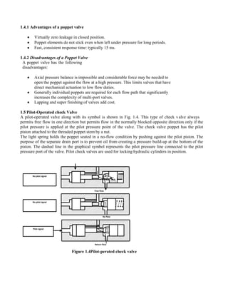1.4.1 Advantages of a poppet valve
 Virtually zero leakage in closed position.
 Poppet elements do not stick even when left under pressure for long periods.
 Fast, consistent response time: typically 15 ms.
1.4.2 Disadvantages of a Poppet Valve
A poppet valve has the following
disadvantages:
 Axial pressure balance is impossible and considerable force may be needed to
open the poppet against the flow at a high pressure. This limits valves that have
direct mechanical actuation to low flow duties.
 Generally individual poppets are required for each flow path that significantly
increases the complexity of multi-port valves.
 Lapping and super finishing of valves add cost.
1.5 Pilot-Operated check Valve
A pilot-operated valve along with its symbol is shown in Fig. 1.4. This type of check valve always
permits free flow in one direction but permits flow in the normally blocked opposite direction only if the
pilot pressure is applied at the pilot pressure point of the valve. The check valve poppet has the pilot
piston attached to the threaded poppet stem by a nut.
The light spring holds the poppet seated in a no-flow condition by pushing against the pilot piston. The
purpose of the separate drain port is to prevent oil from creating a pressure build-up at the bottom of the
piston. The dashed line in the graphical symbol represents the pilot pressure line connected to the pilot
pressure port of the valve. Pilot check valves are used for locking hydraulic cylinders in position.
Figure 1.4Pilot-perated check valve
No pilot signal
No pilot signal
Pilot signal
Return flow
No flow
Free flow
 