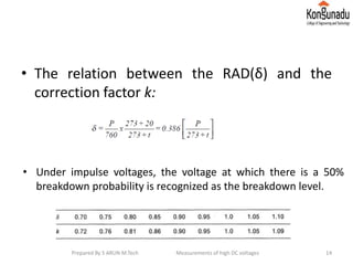 • The relation between the RAD(δ) and the
correction factor k:
• Under impulse voltages, the voltage at which there is a 50%
breakdown probability is recognized as the breakdown level.
14Prepared By S ARUN M.Tech Measurements of high DC voltages
 