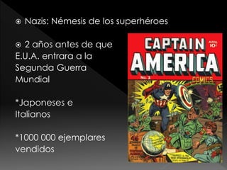 

Nazis: Némesis de los superhéroes

2 años antes de que
E.U.A. entrara a la
Segunda Guerra
Mundial


*Japoneses e
Italianos
*1000 000 ejemplares
vendidos

 