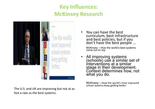 Key Inﬂuences:  
                            McKinsey Research 

                                               •  You can have the best 
                                                   curriculum, best infrastructure 
                                                   and best policies; but if you 
                                                   don’t have the best people … 
                                                   McKinsey – How the world’s best systems
                                                  come out on top

                                               •  All improving systems
                                                  (schools) use a similar set of
                                                  interventions at a similar
                                                  stage in their development.
                                                  Context determines how, not
                                                  what you do.
                                                  McKinsey – How the world's most improved 
                                                  school systems keep ge?ng be@er 
The U.S. and UK are improving but not at as 
fast a rate as the best systems. 
 