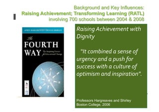 Raising Achievement with 
                  •  Always ask the question 
Raising          Dignity 
                      does it raise achievement 
Achievement             and how do you know? 
Transforming        “It combined a sense of 
                    •  Embed use of 
Learning                performance data – know 
                 urgency and a push for 
                        every student and know 
                 success with a culture of 
                        their potential 
                 optimism and inspiration".  
                   •    Sequence, harmonise 
                        and integrate the short, 
                        medium and longer term 

                 Professors Hargreaves and Shirley
                 Boston College, 2006 
 