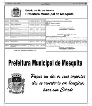 Estado do Rio de Janeiro
Prefeitura Municipal de Mesquita
Atos Oﬁciais 27Quarta-feira, 26/11/2014 |Jornal de Hoje - 2667 -1100
9603-3/02 Serviços de cremação R$ 14.707,50 R$ 2.059,05 R$ 2.353,20
9603-3/03 Serviços de sepultamento R$ 14.707,50 R$ 2.059,05 R$ 2.353,20
9603-3/04 Serviços de funerárias R$ 14.707,50 R$ 2.059,05 R$ 2.353,20
9603-3/05 Serviços de somatoconservação R$ 14.707,50 R$ 2.059,05 R$ 2.353,20
9603-3/99 Atividades funerárias e serviços relacionados não
especiﬁcados anteriormente
R$ 14.707,50 R$ 2.059,05 R$ 2.353,20
9609-2/02 Agências matrimoniais R$ 588,30 R$ 117,66 R$ 117,66
9609-2/03 Alojamento, higiene e embelezamento de animais R$ 705,96 R$ 470,75 R$ 470,75
9609-2/04 Exploração de máquinas de serviços pessoais aciona-
das por moeda
R$ 2.941,50 R$ 117,66 R$ 117,66
9609-2/05 Atividades de sauna e banhos R$ 1.764,90 R$ 1.176,60 R$ 1.176,60
9609-2/06 Serviços de tatuagem e colocação de piercing R$ 882,75 R$ 470,75 R$ 470,75
9609-2/99 Outras atividades de serviços pessoais não especiﬁ-
cadas anteriormente
R$ 1.470,75 R$ 470,75 R$ 470,75
Seção T - Serviços domésticos
9700-5/00 Serviços domésticos R$ 588,30 R$ 117,66 R$ 117,66
Seção U - Organismos internacionais e outras instituições extraterritoriais
9900-8/00 Organismos internacionais e outras instituições
extraterritoriais
R$ 5.883,00 R$ 588,30 R$ 588,30
SECRETARIA MUNICIPAL DE ADMINISTRAÇÃO
ERRATA
PORTARIA SEMAD Nº 018/2014 PUBLICADA EM 20/11/2014
Onde se lê:
JOSIANE BARBOSA MARTINS
Leia-se:
JOSIANE BÁRBARA MARTINS
Mesquita, RJ, 25 de novembro de 2014.
EVANDRO DA COSTA PINTO
Secretário Municipal de Administração
SECRETARIA MUNICIPAL DE EDUCAÇÃO
DESPACHO
PROCESSO ADMINISTRATIVO Nº 04/4552/14
Em conformidade com os pareceres da Procuradoria Geral do Município (PGM) e da Controladoria Geral do
Município (CGM), HOMOLOGO a despesa relativa à contratação de empresa especializada na implantação
e fornecimento de manta com ﬁos em polietileno (grama sintética) para prática de atividades recreativas a
ser instalada nas unidades de Educação Infantil da rede Municipal de Educação, com fulcro na Lei Federal
nº 10.520/2002, conforme solicitação da Secretaria Municipal de Educação, obtendo o menor preço global
de R$ 48.500,00 (quarenta e oito mil e quinhentos reais), ADJUDICANDO o objeto em favor da empresa:
J L OLIVEIRA BAZAR - ME, CNPJ sob nº 06.178.441/0001-64, por meio de Pregão Presencial (SRP) n°
20/2014, autorizando sua publicação.
Mesquita, RJ, 19 de novembro de 2014.
RODRIGO RODRIGUES DOS SANTOS
Secretário Municipal de Educação
 