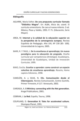 DISEÑO CURRICULAR Y NUEVAS GENERACIONES

Bibliografía

AGUIRRE, María Esther. De una propuesta curricular llamada
       “Didáctica Magna”. En: ALBA, Alicia de; coord. El
       currículo universitario. De cara al nuevo milenio. 2 ed.
       México, Plaza y Valdés, 1993. P. 71. (Educación, Serie
       Mayor).

AREA, M. Internet y la calidad de la educación superior en
       la perspectiva de la convergencia europea. Revista
       Española de Pedagogía. Año LXII, Nº 230 (85- 100).
       Universidad de la Laguna, 2005.

BARR, R. Y TAGG, J. De la enseñanza al aprendizaje; Un nuevo
        paradigma para la educación de pregrado, Diseño
        curricular por competencias (Antología). Guadalajara,
        Universidad de Guadalajara, Unidad de Innovación
        Curricular, 1999.

BIXIO, Cecilia. Enseñar a aprender: como construir un espacio
         colectivo de enseñanza aprendizaje. Rosario, Homo
         sapiens Ediciones, 1998.

CANELÓN, A. y SILVA, N. Clic. Comunicación desde el
      Ciberespacio. Revista Comunicación, Centro Gumilla.
      Primer Trimestre, # 117. Venezuela, 2002.

CAREAGA, A. E-Ministry: connecting with the Net generation.
      Kregel Publications, 2001.

CEBRIAN, J. La Red. España, Taurus, 1998.

COUPLAND, D. Generation X: Tales for accelerated culture.
      Shompoo Planet, 1991.
               Mgter. Lic. José Luis Córica - Lic. Patricia Dinerstein   215
 