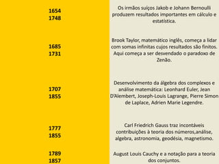 Os irmãos suíços Jakob e Johann Bernoulli
1654
       produzem resultados importantes em cálculo e
1748                    estatística.


       Brook Taylor, matemático inglês, começa a lidar
1685   com somas infinitas cujos resultados são finitos.
1731    Aqui começa a ser desvendado o paradoxo de
                           Zenão.



        Desenvolvimento da álgebra dos complexos e
1707       análise matemática: Leonhard Euler, Jean
1855   D’Alembert, Joseph-Louis Lagrange, Pierre Simon
             de Laplace, Adrien Marie Legendre.



             Carl Friedrich Gauss traz incontáveis
1777
         contribuições à teoria dos números,análise,
1855     algebra, astronomia, geodésia, magnetismo.

1789    August Louis Cauchy e a notação para a teoria
1857                   dos conjuntos.
 