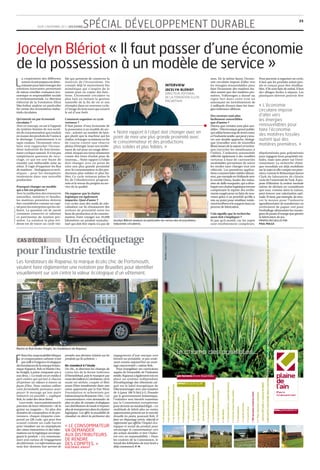 SPÉCIAL DÉVELOPPEMENT DURABLE
                                                                                                                                                                                                                                                                                                                                                                                                                                                                                                                                                                                                                                                                                                                                                                                                                                                                                                                                                                                                                                                                              35
                                         JEUDI 3 NOVEMBRE 2011 LES ECHOS




                        Jocelyn Blériot « Il faut passer d’une économie
                        de la possession à un modèle de service »
                   L
                             a coopération des différents       ble qui permette de conserver la                                                                                                                                                                                                                                                                                                                                                                                                       sens. De la même façon, l’écono-                                                                                                                                                                                                                                                                  Pour parvenir à organiser un cycle,
                             acteurs économiques est déter-     maîtrise de l’écosystème. On                                                                                                                                                                                                                                                                                                                                                                                                           mie circulaire impose d’aller vers                                                                                                                                                                                                                                                                il faut que les produits soient pen-
                             minante pour faire émerger des     connaît déjà le mouvement bio                                                                                            INTERVIEW                                                                                                                                                                                                                                                                                                     les énergies renouvelables pour                                                                                                                                                                                                                                                                   sés et conçus pour être réutilisa-
                        solutions innovantes permettant         mimétique qui s’inspire de la                                                                                            JOCELYN BLÉRIOT                                                                                                                                                                                                                                                                                               faire l’économie des matières fos-                                                                                                                                                                                                                                                                bles. S’ils sont faits de métal, il faut
                        de mieux concilier croissance éco-      nature pour en copier des fonc-                                                                                          DIRECTEUR ÉDITORIAL                                                                                                                                                                                                                                                                                           siles autant que des matières pre-                                                                                                                                                                                                                                                                des alliages faciles à séparer. Les
                        nomique et responsabilité sociale       tions. L’économie circulaire va                                                                                                                                                                                                                                                                                                                                                                                                        mières. Volkswagen a donné un                                                                                                                                                                                                                                                                     plastiques doivent pouvoir être
                                                                                                                                                                                         DE LA FONDATION ELLEN
                        et environnementale. Le directeur       plus loin en imitant la gestion                                                                                                                                                                                                                                                                                                                                                                                                        signe fort dans cette voie en
                        éditorial de la Fondation Ellen         naturelle de la fin de vie et son                                                                                        MACARTHUR                                                                                                                                                                                                                                                                                                     annonçant un investissement de
                        MacArthur analyse en particulier        réemploi dans un nouveau cycle,                                                                                                                                                                                                                                                                                                                                                                                                        2 milliards d’euros dans les éner-                                                                                                                                                                                                                                                                « L’économie
                        les vertus des écosystèmes indus-
                        triels circulaires.
                                                                à l’image du bois mort qui nourrit
                                                                le sol d’une forêt.
                                                                                                                                                                                                                                                                                                                                                                                                                                                                                                       gies éoliennes offshore.                                                                                                                                                                                                                                                                          circulaire impose
                                                                                                                                                                                                                                                                                                                                                                                                                                                                                                       Des secteurs sont plus                                                                                                                                                                                                                                                                            d’aller vers
                        Qu’entend-on par économie               Comment organiser ce cycle                                                                                                                                                                                                                                                                                                                                                                                                             facilement convertibles                                                                                                                                                                                                                                                                           les énergies
                        circulaire ?                            vertueux ?                                                                                                                                                                                                                                                                                                                                                                                                                             que d’autres ?
                        Avec ce concept, on est à l’opposé      Il faut passer d’une économie de                                                                                                                                                                                                                                                                                                                                                                                                       Disons que certains sont plus sen-                                                                                                                                                                                                                                                                renouvelables pour
                        du système linéaire de nos socié-       la possession à un modèle de ser-                                                                                                                                                                                                                                                                                                                                                                                                      sibles : l’électronique grand public,                                                                                                                                                                                                                                                             faire l’économie
                        tés de consommation qui conduit         vice : acheter un nombre de lava-           « Notre rapport à l’objet doit changer avec en                                                                                                                                                                                                                                                                                                                                             qui utilise beaucoup de terres rares,
                                                                                                                                                                                                                                                                                                                                                                                                                                                                                                                                                                                                                                                                                                                                                                                                         des matières fossiles
                        en masse des produits de l’usine à
                        la décharge. Contrairement à ce
                                                                ges plutôt que la machine qui les
                                                                réalise, échanger sa batterie en fin
                                                                                                            point de mire une plus grande proximité avec                                                                                                                                                                                                                                                                                                                                               et l’industrie textile, qui peut y trou-
                                                                                                                                                                                                                                                                                                                                                                                                                                                                                                       ver une double approche, biologi-                                                                                                                                                                                                                                                                 autant que des
                        tapis roulant, l’économie circu-        de course contre une réserve                le consommateur et des productions                                                                                                                                                                                                                                                                                                                                                         que (travailler avec de nouvelles
                                                                                                                                                                                                                                                                                                                                                                                                                                                                                                                                                                                                                                                                                                                                                                                                         matières premières. »
                        laire veut rapprocher l’écosys-         pleine d’énergie, louer son revête-         plus solides et plus fiables. »                                                                                                                                                                                                                                                                                                                                                            fibres issues de la nature) et techni-
                        tème industriel du fonctionne-          ment de sol pour un usage déter-                                                                                                                                                                                                                                                                                                                                                                                                       que (recycler les membranes à
                        ment cyclique naturel. Il n’est pas     miné, troquer ses vieux vêtements                                                                                                                                                                                                                                                                                                                                                                                                      l’infini). L’industrie automobile                                                                                                                                                                                                                                                                 dépolymérisés puis polymérisés
                        simplement question de recy-            contre des bons d’achat pour de                                                                                                                                                                                                                                                                                                                                                                                                        réfléchit également à des modèles                                                                                                                                                                                                                                                                 pour regagner leurs propriétés ini-
                        clage, ce qui est une façon de          nouveau… Notre rapport à l’objet                                                                                                                                                                                                                                                                                                                                                                                                       vertueux à base de carrosseries                                                                                                                                                                                                                                                                   tiales, mais sans peser sur l’envi-
                        retarder une inéluctable mise au        doit changer avec en point de                                                                                                                                                                                                                                                                                                                                                                                                          modulables permettant de suivre                                                                                                                                                                                                                                                                   ronnement. La recherche chimi-
                        rebut. Il s’agit d’organiser les flux   mire une plus grande proximité                                                                                                                                                                                                                                                                                                                                                                                                         les modes sans changer tout son                                                                                                                                                                                                                                                                   que mondiale est déjà mobilisée
                        de matières – biologiques et tech-      avec le consommateur et des pro-                                                                                                                                                                                                                                                                                                                                                                                                       véhicule. Les premières applica-                                                                                                                                                                                                                                                                  sur le sujet et elle compte ses pion-
                        niques – pour les réemployer            ductions plus solides et plus fia-                                                                                                                                                                                                                                                                                                                                                                                                     tions commerciales viables démar-                                                                                                                                                                                                                                                                 niers, comme le Britannique James
                        totalement dans une nouvelle            bles. Ce cycle vertueux prône la                                                                                                                                                                                                                                                                                                                                                                                                       rent, par exemple en Hollande avec                                                                                                                                                                                                                                                                Clark du laboratoire de chimie
                        production.                             fin de l’obsolescence program-                                                                                                                                                                                                                                                                                                                                                                                                         la société Desso, leader des indus-                                                                                                                                                                                                                                                               verte de l’université de York. Il pro-
                                                                mée et le retour du progrès au ser-                                                                                                                                                                                                                                                                                                                                                                                                    tries de dalle moquette, qui a déve-                                                                                                                                                                                                                                                              pose d’éliminer la notion mentale
                        Pourquoi changer un modèle              vice de la qualité.                                                                                                                                                                                                                                                                                                                                                                                                                    loppé une chaîne logistique inverse                                                                                                                                                                                                                                                               même de déchets en considérant
                        qui a fait ses preuves ?                                                                                                                                                                                                                                                                                                                                                                                                                                                       comprenant la reprise des revête-                                                                                                                                                                                                                                                                 que tout, comme dans la nature,
                        Avec la raréfaction des ressources      On suppose que la chaîne                                                                                                                                                                                                                                                                                                                                                                                                               ments usagés pour en faire de nou-                                                                                                                                                                                                                                                                peut trouver une valorisation opti-
                        naturelles, minières et fossiles,       logistique est également                                                                                                                                                                                                                                                                                                                                                                                                               veaux grâce à un procédé qu’elle a                                                                                                                                                                                                                                                                male. Il vient, par exemple, de trou-
                        les matières premières doivent          impactée. Quoi d’autre ?                                                                                                                                                                                                                                                                                                                                                                                                               mis au point pour réutiliser totale-                                                                                                                                                                                                                                                              ver le moyen pour l’industrie

                                                                                                                                                                                                                                                                                                                                                                                                                                                                          TH.MARTINEZ/SEA&CO
                        être considérées comme un capi-         Ces cycles sont des outils de relo-                                                                                                                                                                                                                                                                                                                                                                                                    mentlesfibresetlesupportdansun                                                                                                                                                                                                                                                                    agroalimentaire de transformer en
                        tal pour les entreprises qui les uti-   calisation car ils réinstaurent des                                                                                                                                                                                                                                                                                                                                                                                                    process de fabrication.                                                                                                                                                                                                                                                                           revêtement de papier ciré pour
TH. MARTINEZ/SEA & CO




                        lisent. La question est de savoir       notions de proximité entre les                                                                                                                                                                                                                                                                                                                                                                                                                                                                                                                                                                                                                                                                                                           l’emballage alimentaire les monta-
                        comment conserver et valoriser          lieux de production et de consom-                                                                                                                                                                                                                                                                                                                                                                                                      Cela signifie que la recherche                                                                                                                                                                                                                                                                    gnes de peaux d’orange que génère
                        ce patrimoine de matière pre-           mation. Faire voyager sur 10.000                                                                                                                                                                                                                                                                                                                                                                                                       aussi doit s’impliquer ?                                                                                                                                                                                                                                                                          la fabrication de jus.
                        mière. La solution la plus évi-         kilomètres un produit manufac-              Jocelyn Blériot analyse en particulier les vertus des écosystèmes                                                                                                                                                                                                                                                                                                                          Et pas qu’à moitié, car les sujets                                                                                                                                                                                                                                                                PROPOS RECUEILLIS PAR
                        dente est de tracer un cycle visi-      turé qui doit être repris n’a pas de        industriels circulaires.                                                                                                                                                                                                                                                                                                                                                                   sont extrêmement complexes.                                                                                                                                                                                                                                                                       PAUL MOLGA




                                   Un écoétiquetage

                                                                                                                                                                                                                                                                                                                                                                                                                                                                                                                                                                                                                                                                                                                                                                                                                                                        •I M P L A N T E Z votre projet dans ce terreau fertile où les entreprises I M P L A N T É E S créent l'énergie d'un Parc pleine vitalité qui offre 300 ha disponibles pour vous IMPL ANTER .
                                                                                                                                                                                Okto Novo - images: S. Rambaud




                        CAS D’ÉCOLE

                        pour l’industrie textile
                        Les fondateurs de Rapanui, la marque écolo chic de Portsmouth,
                        veulent faire réglementer une notation par Bruxelles pour identifier
                        visuellement sur son cintre la valeur écologique d’un vêtement.
                                                                                                                                                 OSCAR MAY




                        Martin et Rob Drake-Knight, les fondateurs de Rapanui.
                                                                                                                                                                                                                                                                                                  le champ des possibles…
                   F
                            ibres bio, responsabilité éthique   prendre une décision éclairée sur les       engagements d’une marque sera
                            et compensation carbone n’ont       produits qu’ils achètent. »                 bientôt un préalable, et pas seule-
                            pas suffi à l’exigence écologique                                               ment comme aujourd’hui un avan-
                        desfondateursdelamarquebritan-          Un standard à l’étude                       tage concurrentiel », estime Rob.
                        nique Rapanui, Rob et Martin Dra-       Un clic, et direction les champs de            Pour évangéliser ses convictions
                        ke-Knight, à peine cinquante ans à      coton bio de la ferme indienne              auprès de l’ensemble de l’industrie
                        eux deux. « La mode est un média à      d’Ahmedebad, puis le transport par          textile, Rapanui a également mis en                                                                                                                                                   300 hectares encore disponibles
                        part entière qui permet à chacun        route des ballots à Coimbatore, où la       place un système indépendant
                        d’exprimer ses valeurs à travers sa     ouate est séchée, coupée et filée           d’écoétiquetage des vêtements cal-                                                                                                                                                    contact 04 74 61 53 78
                                                                                                                                                                                                                                                                                                                                                                                                                                                                                                        • + de 450 000 arbres et arbustes plantés




                                                                                                                                                                                                                                                                                                                                                                                                                                                                                                                                                                                                       • 1 station-service, 1 garage mécanique




                                                                                                                                                                                                                                                                                                                                                                                                                                                                                                                                                                                                                                                                                                                                                                                                                certifié ISO 14001 et enregistré EMAS




                        façon d’être. Nous voulons utiliser     avant d’être transformée dans une           qué sur le label énergétique de
                                                                                                                                                                                                                                                         • + de 125 entreprises déjà implantées
                                                                                                                                                                                                                 • une fiscalité et un prix attractifs




                        cette formidable puissance pour         usine approuvée par la Fair Wear            l’électroménager avec une notation
                                                                                                                                                                                                                                                                                                                                                                                                                                                                                                                                                    • une équipe pleine d’attentions




                                                                                                                                                                                                                                                                                                                                                                                                                                                                                                                                                                                                                                                 • 1 station lavage poids-lourds




                        passer le message qu’une autre          Foundation et acheminée par                 de A (pour 100 % bio) à G. Poussée
                                                                                                                                                                                                                                                                                                                                                                                                                   • une position géostratégique




                                                                                                                                                                                                                                                                                                                                                                                                                                                                                                                                                                                                                                                                                                                                              • 200 hectares d’espaces verts

                                                                                                                                                                                                                                                                                                                                                                                                                                                                                                                                                                                                                                                                                                                                                                               • 1er Parc industriel européen
                                                                                                                                                                                                                                                                                                                                                       • 1 parc au cœur d’un bassin




                        industrie est possible », explique      bateaujusqu’auRoyaume-Uni.« Les             par le gouvernement britannique,
                                                                                                                                                                                                                                                                                                                                                                                      de vie de 130000 habitants
                                                                                                                                                                                                                                                                                                  • + de 4500 emplois créés




                        Rob, le cadet des deux frères.          consommateurs vont demander de              l’initiative sera bientôt examinée
                                                                                                                                                                                                                                                                                                                                                                                                                                                                            • 1 Club des Entreprises
                                                                                                                                                                                                                                                                                                                                                                                                                                                   entre Lyon et Genève
                                                                                                                                                                                                                                                                                                                              • 4 bâtiments locatifs
                                                                                                                                                             • à 35 minutes de Lyon




                          Leur credo : tracer précisément le    plus en plus de comptes écologiques         par la Commission européenne
                                                                                                                                                                                                                                                                                                                                                                                                                                                                                                                                                                                                                                                                                                     • 1 centre nautique




                        parcours de leurs vêtements « de la     aux distributeurs de mode et imposer        pour devenir un standard légal.« La
                                                                                                                                                                                                                                                                                                                                                                                                                                                                                                                                                                                                                                                                                   • 2 restaurants



                                                                                                                                                                                                                                                                                                                                                                                                                                                                                                                                                                                                                                                                                                                           • 1 club de polo




                        graine au magasin ». En plus des        plus de transparence dans les chaines       multitude de labels plus ou moins                                                                                                                                                                                                                                                                                                                                                                                                                                                                                                                                                                                                                                                                                                                                                                                                                                                                                                           www.plainedelain.fr
                                                                                                                                                                                                                                                                                                                                                                                                                                                                                                                                                                                       • 1 Bio-Motel




                        données de composition et de pro-       logistiques. Lui offrir la possibilité de   opportunistes présents sur le marché
                        venance, chaque étiquette com-          visualiser en direct la pertinence des      brouille les pistes, poursuit Rob. Il
                        prend un QR code, qui peut être                                                     faut un étiquetage précis, objectif et
                        scanné comme un code-barres                                                         réglementé qui affiche l’impact éco-
                        pour visualiser sur un smartphone       « LE CONSOMMATEUR                           logique et social du produit pour
                        des cartes interactives et des infor-   VA DEMANDER                                 encourager le consommateur vers
                        mations sur la logistique accompa-                                                  des achats durables et tirer l’indus-
                        gnant le produit. « Les consomma-       AUX DISTRIBUTEURS                           trie vers ses responsabilités. » Dans
                        teurs sont curieux de l’engagement      DE RENDRE                                   les couloirs de la Commission, le
                        des fabricants. Les informations que    DES COMPTES. »                              travail des lobbyistes de tout bord a
                        nous leur donnons leur permet de        ROB DRAKE-KNIGHT                            déjà commencé. P. M.
 