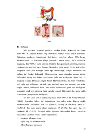 10 
2.6 Histologi 
Pada penelitian mengenai gambaran histologi kanker kolorektal dari tahun 
1998-2001 di Amerika Serikat yang melibatkan 522.630 kasus kanker kolorektal. 
Didapatkan gambaran histopatologis dari kanker kolorektal sebesar 96% berupa 
adenocarcinoma, 2% karsinoma lainnya (termasuk karsinoid tumor), 0,4% epidermoid 
carcinoma, dan 0,08% berupa sarcoma. Proporsi dari epidermoid carcinoma, mucinous 
carcinoma dan carcinoid tumor banyak diketemukan pada wanita. Secara keseluruhan, 
didapatkan suatu pola hubungan antara tipe histopatologis, derajat differensiasi dan 
stadium dari kanker kolorektal. Adenocarcinoma sering ditemukan dengan derajat 
differensiasi sedang dan belum bermetastase pada saat terdiagnosa, signet ring cell 
carcinoma banyak ditemukan dengan derajat differensiasi buruk dan telah bermetastase 
jauh pada saat terdiagnosa, lain pula pada carcinoid tumor dan sarcoma yang sering 
dengan derajat differensiasi buruk dan belum bermetastase pada saat terdiagnosa, 
sedangkan small cell carcinoma tidak memiliki derajat differensiasi dan sering sudah 
bermetastase jauh pada saat terdiagnosa. 
Dari 201 kasus kanker kolorektal periode 1994-2003 di RS Kanker Dharmais 
(RSKD) didapatkan bahwa tipe histopatologis yang paling sering dijumpai adalah 
adenocarcinoma [diferensiasi baik 48 (23,88%), sedang 78 (38,80%), buruk 45 
(22,39%)], dan yang jarang adalah musinosum 19 (9,45%) dan signet ring cell 
carcinoma 11 (5,47%). Berbagai varian gambaran histopatologi kanker kolorektal 
berdasarkan klasifikasi World Health Organization: 
- Mucinous adenocarcinoma 
- Signet ring cell adenocarcinoma 
- Adenoskuamous carcinoma 
 