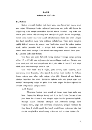 2 
BAB II 
TINJAUAN PUSTAKA 
2.1. Definisi 
Kanker colorectal ditujukan pada tumor ganas yang berasal dari mukosa colon 
atau rectum. Kebanyakan kanker colorectal berkembang dari polip, oleh karena itu 
polypectomy colon mampu menurunkan kejadian kanker colorectal. Polip colon dan 
kanker pada stadium dini terkadang tidak menunjukkan gejala. Secara histopatologis, 
hampir semua kanker usus besar adalah adenokarsinoma (terdiri atas epitel kelenjar) 
dan dapat mensekresi mukus yang jumlahnya berbeda-beda. Tumor dapat menyebar 
melalui infiltrasi langsung ke struktur yang berdekatan, seperti ke dalam kandung 
kemih, melalui pembuluh limfe ke kelenjar limfe pericolon dan mesocolon, dan 
melalui aliran darah, biasanya ke hati karena colon mengalirkan darah ke sistem portal. 
2.2 Anatomi Colon dan Rectum 
Usus besar atau colon berbentuk tabung muskular berongga dengan panjang 
sekitar 1,5 m (5 kaki) yang terbentang dari caecum hingga canalis ani. Diameter usus 
besar sudah pasti lebih besar daripada usus kecil, yaitu sekitar 6,5 cm (2,5 inci), tetapi 
makin dekat anus diameternya semakin kecil. 
Usus besar terdiri dari 6 bagian, yaitu caecum, colon ascenden, colon 
transversum, colon descenden, colon sigmoid dan rectum (Lihat Gambar. 1). Berbeda 
dengan mukosa usus halus, pada mukosa colon tidak dijumpai vili dan kelenjar 
biasanya lurus-lurus dan teratur. Permukaan mukosa terdiri dari pelapis epitel tipe 
absorptif diselang-seling dengan sel goblet. Pada lamina propria dan basis kripta secara 
sporadik terdapat nodul jaringan limfoid. 
2.2.1 Caecum 
Merupakan kantong yang terletak di bawah muara ileum pada usus 
besar. Panjang dan lebarnya kurang lebih 6 cm dan 7,5 cm. Caecum terletak 
pada fossa iliaca kanan di atas setengah bagian lateralis ligamentum inguinale. 
Biasanya caecum seluruhnya dibungkus oleh peritoneum sehingga dapat 
bergerak bebas, tetapi tidak mempunyai mesenterium; terdapat perlekatan ke 
fossa iliaca di sebelah medial dan lateral melalui lipatan peritoneum yaitu plica 
caecalis, menghasilkan suatu kantong peritoneum kecil, recessus retrocaecalis. 
 