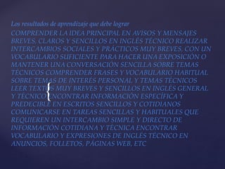 {
Los resultados de aprendizaje que debe lograr
COMPRENDER LA IDEA PRINCIPAL EN AVISOS Y MENSAJES
BREVES, CLAROS Y SENCILLOS EN INGLÉS TÉCNICO REALIZAR
INTERCAMBIOS SOCIALES Y PRÁCTICOS MUY BREVES, CON UN
VOCABULARIO SUFICIENTE PARA HACER UNA EXPOSICIÓN O
MANTENER UNA CONVERSACIÓN SENCILLA SOBRE TEMAS
TÉCNICOS COMPRENDER FRASES Y VOCABULARIO HABITUAL
SOBRE TEMAS DE INTERÉS PERSONAL Y TEMAS TÉCNICOS
LEER TEXTOS MUY BREVES Y SENCILLOS EN INGLÉS GENERAL
Y TÉCNICO ENCONTRAR INFORMACIÓN ESPECÍFICA Y
PREDECIBLE EN ESCRITOS SENCILLOS Y COTIDIANOS
COMUNICARSE EN TAREAS SENCILLAS Y HABITUALES QUE
REQUIEREN UN INTERCAMBIO SIMPLE Y DIRECTO DE
INFORMACIÓN COTIDIANA Y TÉCNICA ENCONTRAR
VOCABULARIO Y EXPRESIONES DE INGLÉS TÉCNICO EN
ANUNCIOS, FOLLETOS, PÁGINAS WEB, ETC
 