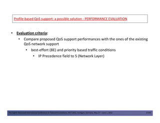 ProfileProfile--based QoS support: a possible solutionbased QoS support: a possible solution -- PERFORMANCE EVALUATIONPERFORMANCE EVALUATION
• Evaluation criteria:
• Compare proposed QoS support performances with the ones of the existing
QoS network support
• best-effort (BE) and priority based traffic conditions
• IP Precedence field to 5 (Network Layer)
The Eighth Advanced International Conference on Telecommunications, AICT 2012, Stuttgart, Germany, May 27 – June 1, 2012 17/49
 