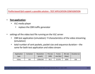 ProfileProfile--based QoS support: a possible solutionbased QoS support: a possible solution -- TEST APPLICATION CONFIGRATIONTEST APPLICATION CONFIGRATION
• Test application:
• VLC media player
• replace the CBR traffic generator
• settings of the video test file running on the VLC server
• CBR test application (simulation) characteristics of the video streaming
The Eighth Advanced International Conference on Telecommunications, AICT 2012, Stuttgart, Germany, May 27 – June 1, 2012 36/49
• CBR test application (simulation) characteristics of the video streaming
(emulation)
• total number of sent packets, packet size and sequence duration – the
same for both test application and video stream
Application
type
Container Resolution
(pixels)
File size
(MB)
Frame
rate (fps)
Bit rate
(kbps)
Duration (s)
Video AVI 1280x544 39.2 23.976 3094 106
 