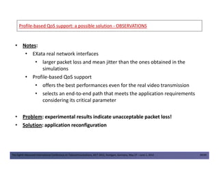 ProfileProfile--based QoS support: a possible solutionbased QoS support: a possible solution -- OBSERVATIONSOBSERVATIONS
• Notes:
• EXata real network interfaces
• larger packet loss and mean jitter than the ones obtained in the
simulations
• Profile-based QoS support
• offers the best performances even for the real video transmission
The Eighth Advanced International Conference on Telecommunications, AICT 2012, Stuttgart, Germany, May 27 – June 1, 2012 39/49
• offers the best performances even for the real video transmission
• selects an end-to-end path that meets the application requirements
considering its critical parameter
• Problem: experimental results indicate unacceptable packet loss!
• Solution: application reconfiguration
 