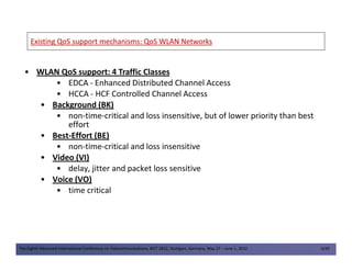 Existing QoS support mechanisms: QoS WLAN NetworksExisting QoS support mechanisms: QoS WLAN Networks
• WLAN QoS support: 4 Traffic Classes
• EDCA - Enhanced Distributed Channel Access
• HCCA - HCF Controlled Channel Access
• Background (BK)
• non-time-critical and loss insensitive, but of lower priority than best
effort
• Best-Effort (BE)
The Eighth Advanced International Conference on Telecommunications, AICT 2012, Stuttgart, Germany, May 27 – June 1, 2012 6/49
• Best-Effort (BE)
• non-time-critical and loss insensitive
• Video (VI)
• delay, jitter and packet loss sensitive
• Voice (VO)
• time critical
 