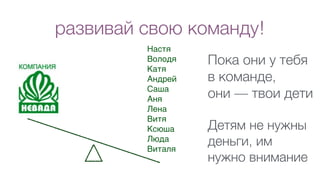 развивай свою команду!
Настя
Володя
Катя
Андрей
Саша
Аня
Лена
Витя
Ксюша
Люда
Виталя
Пока они у тебя
в команде,
они — твои дети
Детям не нужны
деньги, им
нужно внимание
 