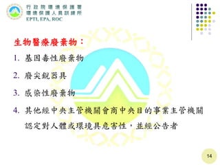生物醫療廢棄物：
1. 基因毒性廢棄物
2. 廢尖銳器具
3. 感染性廢棄物
4. 其他經中央主管機關會商中央目的事業主管機關
認定對人體或環境具危害性，並經公告者
14
 