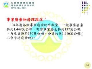 事業廢棄物清理現況：
104年度各類事業廢棄物申報量，一般事業廢棄
物約1,449萬公噸，有害事業廢棄物約137萬公噸
，再生資源約330萬公噸，合計約為1,916萬公噸 (
不含營建廢棄物)。
28
 