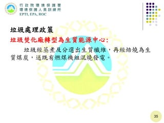 垃圾處理政策
垃圾焚化廠轉型為生質能源中心:
垃圾經蒸煮及分選出生質纖維，再經焙燒為生
質煤炭，送既有燃煤機組混燒發電。
35
 