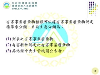 有害事業廢棄物種類可依據有害事業廢棄物認定
標準來分類，目前主要分類為：
(1) 列表之有害事業廢棄物
(2) 有害特性認定之有害事業廢棄物
(3) 其他經中央主管機關公告者。
8
 