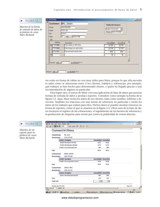 C ap ít ul o u no I nt ro duc ci ón a l p r ocesa m ient o de ba ses de d a t os 5
➤ FIGURA 1-2
Muestra de la forma
de entrada de datos de
la pintora de casas
Mary Richards
➤ FIGURA 1-3
Muestra de un
reporte para la
pintora de casas
Mary Richards
tos están en forma de tablas no son muy útiles para Mary, porque lo que ella necesita
es saber cómo se relacionan entre sí los clientes, trabajos y referencias; por ejemplo,
qué trabajos se han hecho para determinado cliente, o quién ha llegado gracias a una
recomendación de alguien en particular.
Para lograr esto, el asesor de Mary creó una aplicación de base de datos que procesa
formas de entrada de datos y produce reportes. Considere como ejemplo la forma de la
figura 1-2. Aquí, Mary teclea los datos de sus clientes, tales como nombre, teléfono y di-
rección. También los relaciona con una fuente de referencia en particular y teclea los
datos de los trabajos que realizó para ellos. Dichos datos se pueden mostrar entonces en
forma de reportes, como el que se muestra en la figura 1-3. Otros usos de la base de da-
tos incluyen el registro de las cotizaciones, el seguimiento de las fuentes de referencia y
la producción de etiquetas para enviar por correo la publicidad de ventas directas.
www.detodoprogramacion.com
 