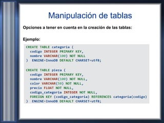 Manipulación de tablas
Opciones a tener en cuenta en la creación de las tablas:
Ejemplo:
 