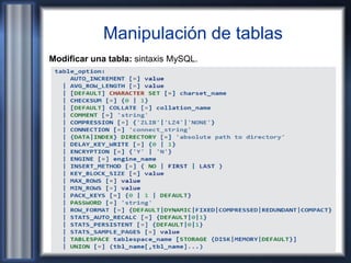 Manipulación de tablas
Modificar una tabla: sintaxis MySQL.
 