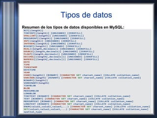 Tipos de datos
Resumen de los tipos de datos disponibles en MySQL:
 