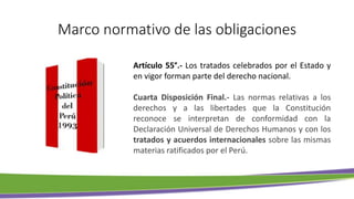 Marco normativo de las obligaciones
Artículo 55°.- Los tratados celebrados por el Estado y
en vigor forman parte del derecho nacional.
Cuarta Disposición Final.- Las normas relativas a los
derechos y a las libertades que la Constitución
reconoce se interpretan de conformidad con la
Declaración Universal de Derechos Humanos y con los
tratados y acuerdos internacionales sobre las mismas
materias ratificados por el Perú.
 