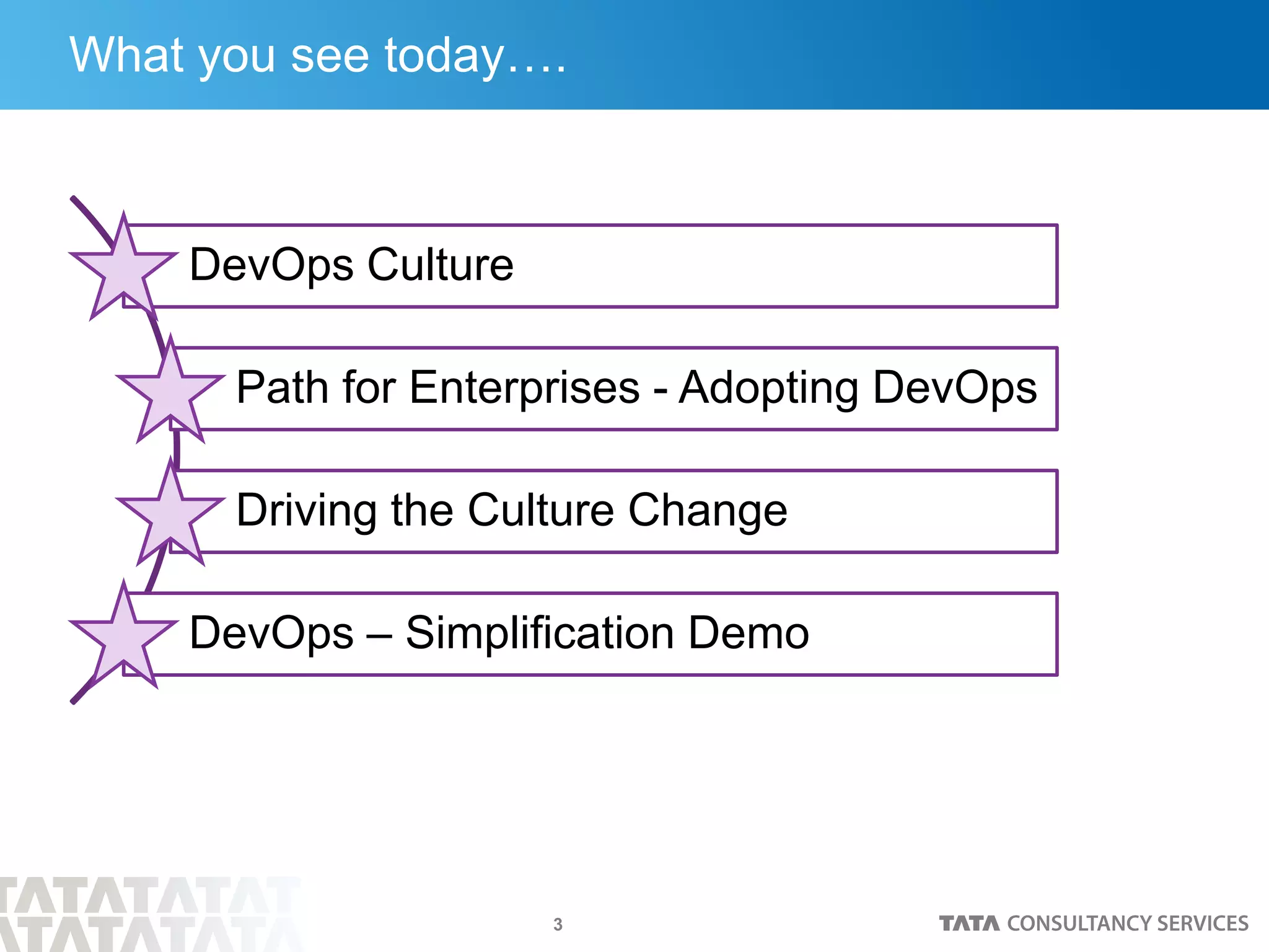 3
What you see today….
DevOps Culture
Path for Enterprises - Adopting DevOps
Driving the Culture Change
DevOps – Simplification Demo
 