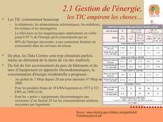 2.1 Gestion de l'énergie, les TIC empirent les choses… Les TIC consomment beaucoup la téléphonie, les alimentations informatiques, les onduleurs, les réseaux et les messageries La télévision ou les magnétoscopes représentent en veille jusqu'à 95 % de l'énergie qu'ils consomment par an 80% de l'énergie nécessaire  à une connexion Internet est consommée dans les serveurs du réseau De plus, les Data Centres sont trop climatisés parfois même au détriment de la durée de vie des matériels Du fait du fort accroissement du parc de bâtiments et du taux d’équipement en appareils électrodomestiques, la consommation d'énergie résidentielle a progressé :  Au global de 7 Mtep depuis 20 ans pour atteindre 47 Mtep en 2000 Pour les produits bruns de 18 kWh/logement en 1973 à 321 kWh en 1998 (x18) Pour les « petits » équipements électroménagers une croissance d’un facteur 29 sur les consommations unitaires moyennes par logements Source :  www.industrie.gouv.fr / debat_energie /site/ pdf /fl-strasbourg3avril.pdf 