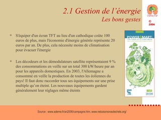 2.1 Gestion de l’énergie Les bons gestes S'équiper d'un écran TFT au lieu d'un cathodique coûte 100 euros de plus, mais l'économie d'énergie générée représente 20 euros par an. De plus, cela nécessite moins de climatisation pour évacuer l'énergie Les décodeurs et les démodulateurs satellite représentaient 9 % des consommations en veille sur un total 300 kW/heure par an pour les appareils domestiques. En 2003, l'Allemagne a consommé en veille la production de toutes les éoliennes du pays! Il faut donc raccorder tous ses équipements sur une prise multiple qu’on éteint. Les nouveaux équipements gardent généralement leur réglages même éteints Source :  www.ademe.fr /an2006/campagne.htm ,  www.reduisonsnosdechets.org/   