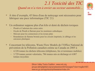 2.1 Toxicité des TIC Quand on n’a rien à envier au secteur automobile… À titre d’exemple, 45 litres d'eau de nettoyage sont nécessaires pour fabriquer une puce informatique (TIC 21) Un ordinateur suppose plus d'un kilo et demi de déchets toxiques Plomb et Cadmium des cartes mère Oxyde de Plomb et Barium pour les moniteurs cathodiques Mercure pour les connecteurs et les écrans plats Retardateurs de flamme bromés pour les circuits imprimés, le câblage et les carcasses plastiques Concernant les télécoms, Waste Flow Models de l’Office National de prévention de la Pollution canadien estime au Canada en 2005 à 4.328 tonnes les déchets télécoms (téléphones, fax et terminaux mobiles) 3.729 tonnes seront valorisées, 786 tonnes mis en décharge et 4.087 tonnes recyclées Silicon Valley Toxics Coalition : www.svtc.org, groups.takingitglobal.org/canadawsisworld/messages/?view=msg&id=657, www.ec.gc.ca/nopp/docs/rpt/itwaste/en/index.cfm  