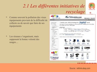 2.1 Les différentes initiatives de recyclage Comme souvent la pollution des vieux équipements provient de la difficulté de collecte ou de savoir que faire de ses équipements Les réseaux s’organisent, mais supposent la bonne volonté des usages… Source :  rethink.ebay.com   