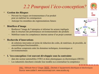 2.2 Pourquoi l’éco-conception? Gestion des Risques Prévenir les risques environnementaux d’un produit pour en maîtriser les conséquences Anticiper les retombées des réglementations futures Bénéfices d’image Renforcer l’image de l’entreprise et informer les acteurs impliqués dans la structure des performances environnementales des produits Mobiliser toutes les compétences internes autour d’un projet commun Recherche d’innovations de solutions innovantes en terme de réduction des coûts, de matériaux, de procédés, de caractéristiques/fonctionnalités… du meilleur compromis entre les domaines techniques, économiques et environnementaux L ’éco-conception s’est souvent développée sous la contrainte dans des secteur automobiles (VHU) et donc plasturgiques ou électroniques (DEEE) Les industriels cherchent à étendre leur modèle ou à externaliser la compétence VHU :   Véhicule Hors d ’Usage,  DEEE :   Déchets d ’équipements électriques et électroniques Source:  www.codde.fr ,  www.ecoconcept.com ,  www.ecodis.org   