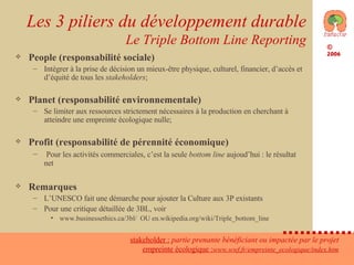 Les 3 piliers du développement durable Le Triple Bottom Line Reporting People (responsabilité sociale) Intégrer à la prise de décision un mieux-être physique, culturel, financier, d’accès et d’équité de tous les  stakeholders ; Planet (responsabilité environnementale) Se limiter aux ressources strictement nécessaires à la production en cherchant à atteindre une empreinte écologique nulle; Profit (responsabilité de pérennité économique) Pour les activités commerciales, c’est la seule  bottom line  aujoud’hui : le résultat net Remarques L’UNESCO fait une démarche pour ajouter la Culture aux 3P existants Pour une critique détaillée de 3BL, voir www.businessethics.ca/3bl/  OU en.wikipedia.org/wiki/Triple_bottom_line stakeholder :   partie prenante bénéficiant ou impactée par le projet empreinte écologique : www.wwf.fr/empreinte_ecologique/index.htm 