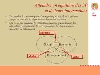 Atteindre un équilibre des 3P et de leurs intersections Cela conduit à la mise en place d’un reporting ad hoc, dont la prise en compte est discutée ou négociée avec les parties prenantes A la revue des structures de coûts des entreprises qui réintègrent des externalités (produit en fin de vie, régénération de sites, nuisances, génération de catastrophe) Social Economie Environnement Equitable Vivable Viable 