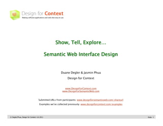 Show, Tell, Explore…

                                              Semantic Web Interface Design


                                                        Duane Degler & Jasmin Phua
                                                             Design for Context


                                                           www.DesignForContext.com
                                                         www.DesignForSemanticWeb.com


                                    Submitted URLs from participants: www.designforsemanticweb.com/shareurl
                                      Examples we’ve collected previously: www.designforcontext.com/examples




© Degler/Phua, Design for Context. 6.6.2011                                                                    Slide 1
 