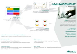 MANAGEMENT
IN REAL TIME
ViGIE offers integrated
solutions suitable to each
environment, with the ability to
monitor various parameters, from
storage to product transportation:
temperature
relative humidity
differential pressure
IAQ- Indoor air quality
airborne particles
energy consumption
users control
Each user is customizable, with editable permissions (restrictions on
data access)
smart alarm system
Setting of alarms for the monitored parameters,
with assignment of a receiver and a timetable for the notifications sending
customized reports
Intuitive and detailed data analysis, with the ability to schedule automatic re-
ports sending and .pdf, .xls or .csv exportation
automatic management of transport conditions
Display the state of transport conditions, according to the user defined criteria
alerts sending
Program the alerts sending (email / sms), in case of deviations
from the specified values
public display
Display of the different
parameter values and the respective
facilities monitored in real time
benchmarking
Correlation of monitored data, as a
support for an efficient management
widgets
Widgets and graphics which
provide an unique navigation experience
 