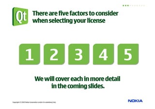 There are five factors to consider
                            when selecting your license




                 1 2 3 4 5
                                We will cover each in more detail
                                     in the coming slides.

Copyright © 2009 Nokia Corporation and/or its subsidiary(-ies).
 