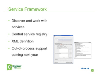 Service Framework

• Discover and work with
  services

• Central service registry

• XML definition

• Out-of-process support
  coming next year



                             35
 