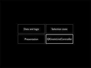 Data and logic       Selection state


Presentation     QKineticListController
 