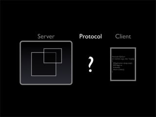 Server   Protocol       Client




           ?
                    #include<QtGui>
                    int main(int argc, char *argv[])
                    {
                      QApplication a(argc,argv);
                      QWidget w;
                      w.show();
                      return a.exec();
                    }
 