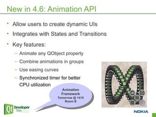 New in 4.6: Animation API
• Allow users to create dynamic UIs
• Integrates with States and Transitions
• Key features:
   – Animate any QObject property
   – Combine animations in groups
   – Use easing curves
   – Synchronized timer for better
     CPU utilization
                         Animation
                          Animation
                         Framework
                          Framework
                       Tomorrow @ 1415
                        Tomorrow @ 1415
                           Room B
                            Room B


                                           7
 