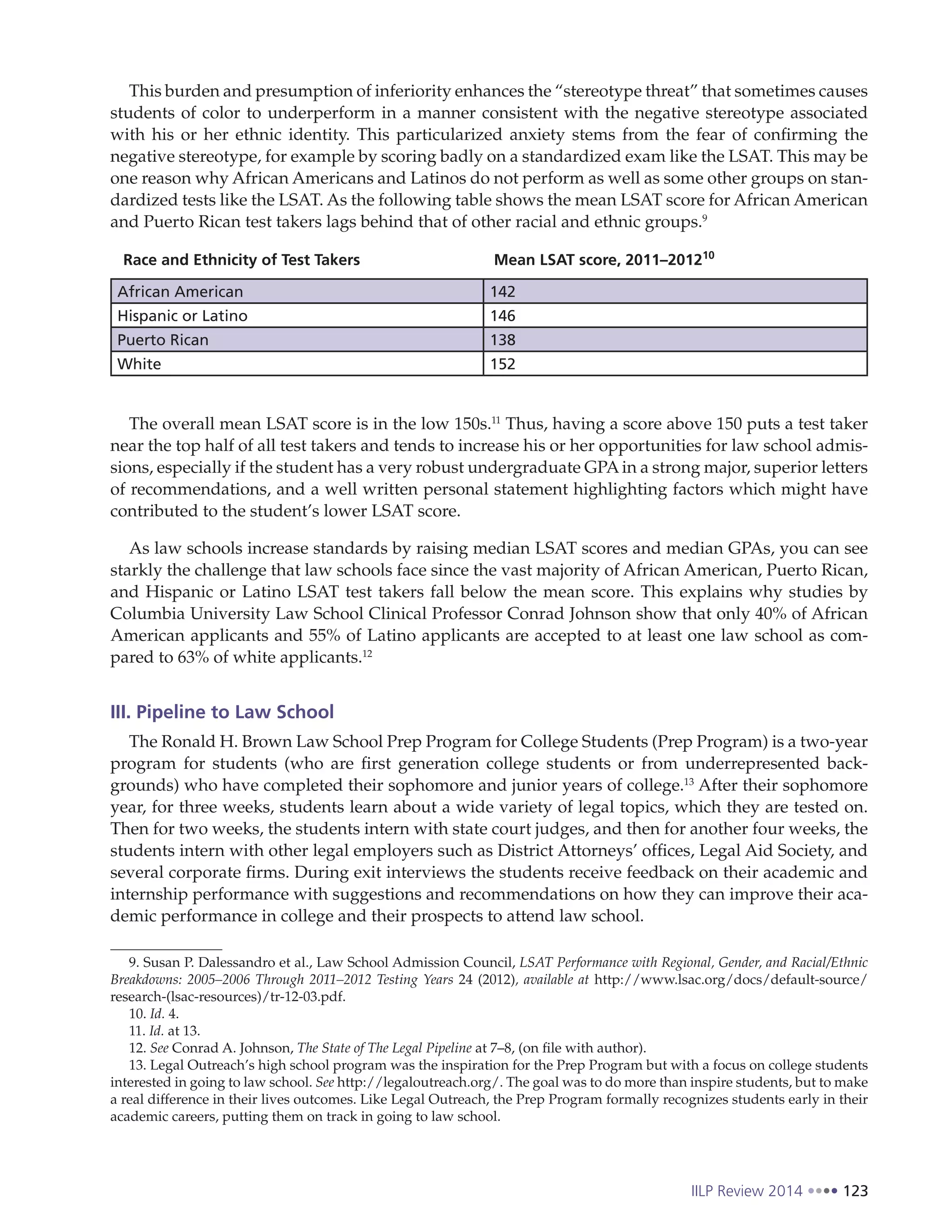 IILP Review 2014 123
This burden and presumption of inferiority enhances the “stereotype threat” that sometimes causes
students of color to underperform in a manner consistent with the negative stereotype associated
with his or her ethnic identity. This particularized anxiety stems from the fear of confirming the
negative stereotype, for example by scoring badly on a standardized exam like the LSAT. This may be
one reason why African Americans and Latinos do not perform as well as some other groups on stan-
dardized tests like the LSAT. As the following table shows the mean LSAT score for African American
and Puerto Rican test takers lags behind that of other racial and ethnic groups.9
Race and Ethnicity of Test Takers Mean LSAT score, 2011–201210
African American 142
Hispanic or Latino 146
Puerto Rican 138
White 152
The overall mean LSAT score is in the low 150s.11
Thus, having a score above 150 puts a test taker
near the top half of all test takers and tends to increase his or her opportunities for law school admis-
sions, especially if the student has a very robust undergraduate GPAin a strong major, superior letters
of recommendations, and a well written personal statement highlighting factors which might have
contributed to the student’s lower LSAT score.
As law schools increase standards by raising median LSAT scores and median GPAs, you can see
starkly the challenge that law schools face since the vast majority of African American, Puerto Rican,
and Hispanic or Latino LSAT test takers fall below the mean score. This explains why studies by
Columbia University Law School Clinical Professor Conrad Johnson show that only 40% of African
American applicants and 55% of Latino applicants are accepted to at least one law school as com-
pared to 63% of white applicants.12
III. Pipeline to Law School
The Ronald H. Brown Law School Prep Program for College Students (Prep Program) is a two-year
program for students (who are first generation college students or from underrepresented back-
grounds) who have completed their sophomore and junior years of college.13
After their sophomore
year, for three weeks, students learn about a wide variety of legal topics, which they are tested on.
Then for two weeks, the students intern with state court judges, and then for another four weeks, the
students intern with other legal employers such as District Attorneys’ offices, Legal Aid Society, and
several corporate firms. During exit interviews the students receive feedback on their academic and
internship performance with suggestions and recommendations on how they can improve their aca-
demic performance in college and their prospects to attend law school.
9. Susan P. Dalessandro et al., Law School Admission Council, LSAT Performance with Regional, Gender, and Racial/Ethnic
Breakdowns: 2005–2006 Through 2011–2012 Testing Years 24 (2012), available at http://www.lsac.org/docs/default-source/
research-(lsac-resources)/tr-12-03.pdf.
10. Id. 4.
11. Id. at 13.
12. See Conrad A. Johnson, The State of The Legal Pipeline at 7–8, (on file with author).
13. Legal Outreach’s high school program was the inspiration for the Prep Program but with a focus on college students
interested in going to law school. See http://legaloutreach.org/. The goal was to do more than inspire students, but to make
a real difference in their lives outcomes. Like Legal Outreach, the Prep Program formally recognizes students early in their
academic careers, putting them on track in going to law school.
 