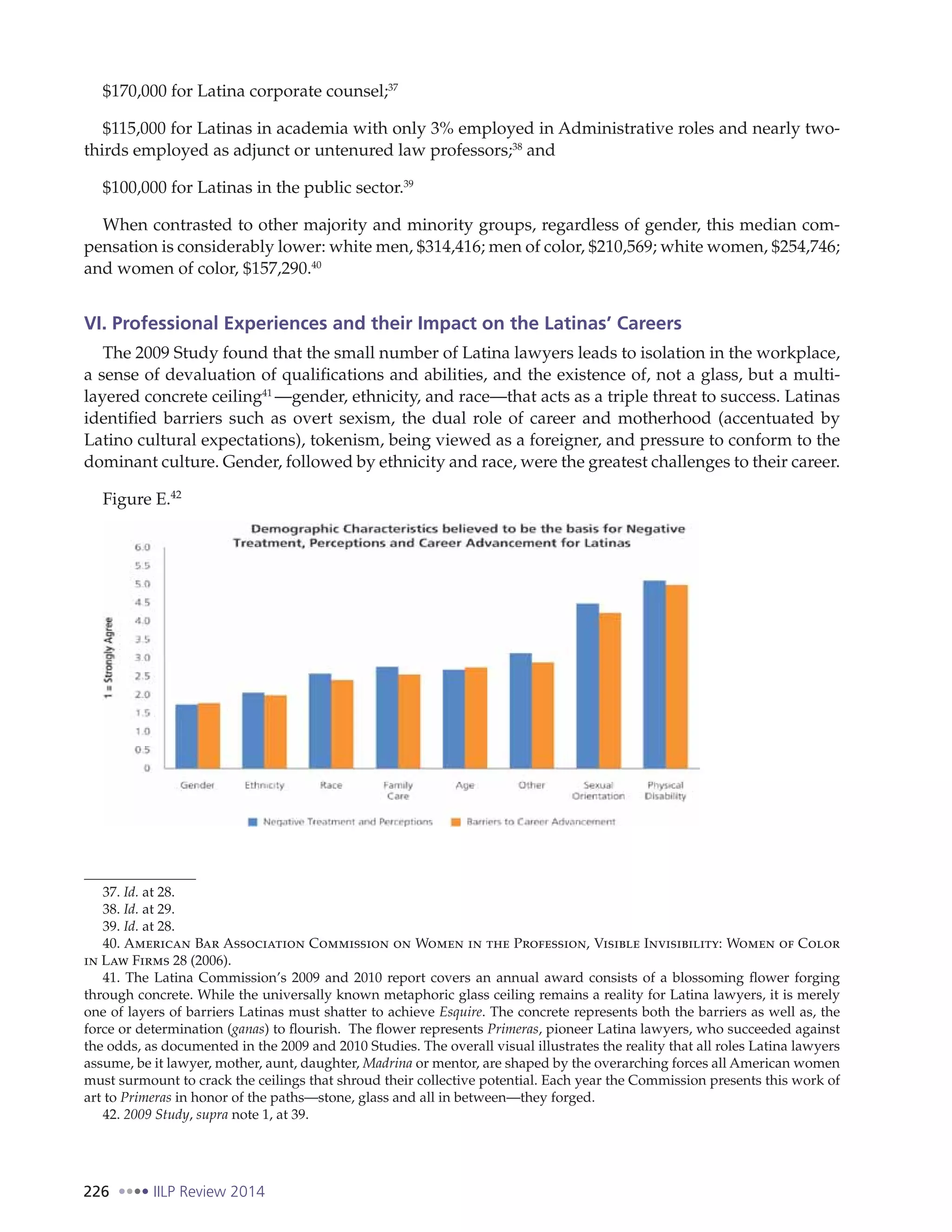 226 IILP Review 2014
$170,000 for Latina corporate counsel;37
$115,000 for Latinas in academia with only 3% employed in Administrative roles and nearly two-
thirds employed as adjunct or untenured law professors;38
and
$100,000 for Latinas in the public sector.39
When contrasted to other majority and minority groups, regardless of gender, this median com-
pensation is considerably lower: white men, $314,416; men of color, $210,569; white women, $254,746;
and women of color, $157,290.40
VI. Professional Experiences and their Impact on the Latinas’ Careers
The 2009 Study found that the small number of Latina lawyers leads to isolation in the workplace,
a sense of devaluation of qualifications and abilities, and the existence of, not a glass, but a multi-
layered concrete ceiling41
—gender, ethnicity, and race—that acts as a triple threat to success. Latinas
identified barriers such as overt sexism, the dual role of career and motherhood (accentuated by
Latino cultural expectations), tokenism, being viewed as a foreigner, and pressure to conform to the
dominant culture. Gender, followed by ethnicity and race, were the greatest challenges to their career.
Figure E.42
37. Id. at 28.
38. Id. at 29.
39. Id. at 28.
40. American Bar Association Commission on Women in the Profession, Visible Invisibility: Women of Color
in Law Firms 28 (2006).
41. The Latina Commission’s 2009 and 2010 report covers an annual award consists of a blossoming flower forging
through concrete. While the universally known metaphoric glass ceiling remains a reality for Latina lawyers, it is merely
one of layers of barriers Latinas must shatter to achieve Esquire. The concrete represents both the barriers as well as, the
force or determination (ganas) to flourish.  The flower represents Primeras, pioneer Latina lawyers, who succeeded against
the odds, as documented in the 2009 and 2010 Studies. The overall visual illustrates the reality that all roles Latina lawyers
assume, be it lawyer, mother, aunt, daughter, Madrina or mentor, are shaped by the overarching forces all American women
must surmount to crack the ceilings that shroud their collective potential. Each year the Commission presents this work of
art to Primeras in honor of the paths—stone, glass and all in between—they forged.
42. 2009 Study, supra note 1, at 39.
 