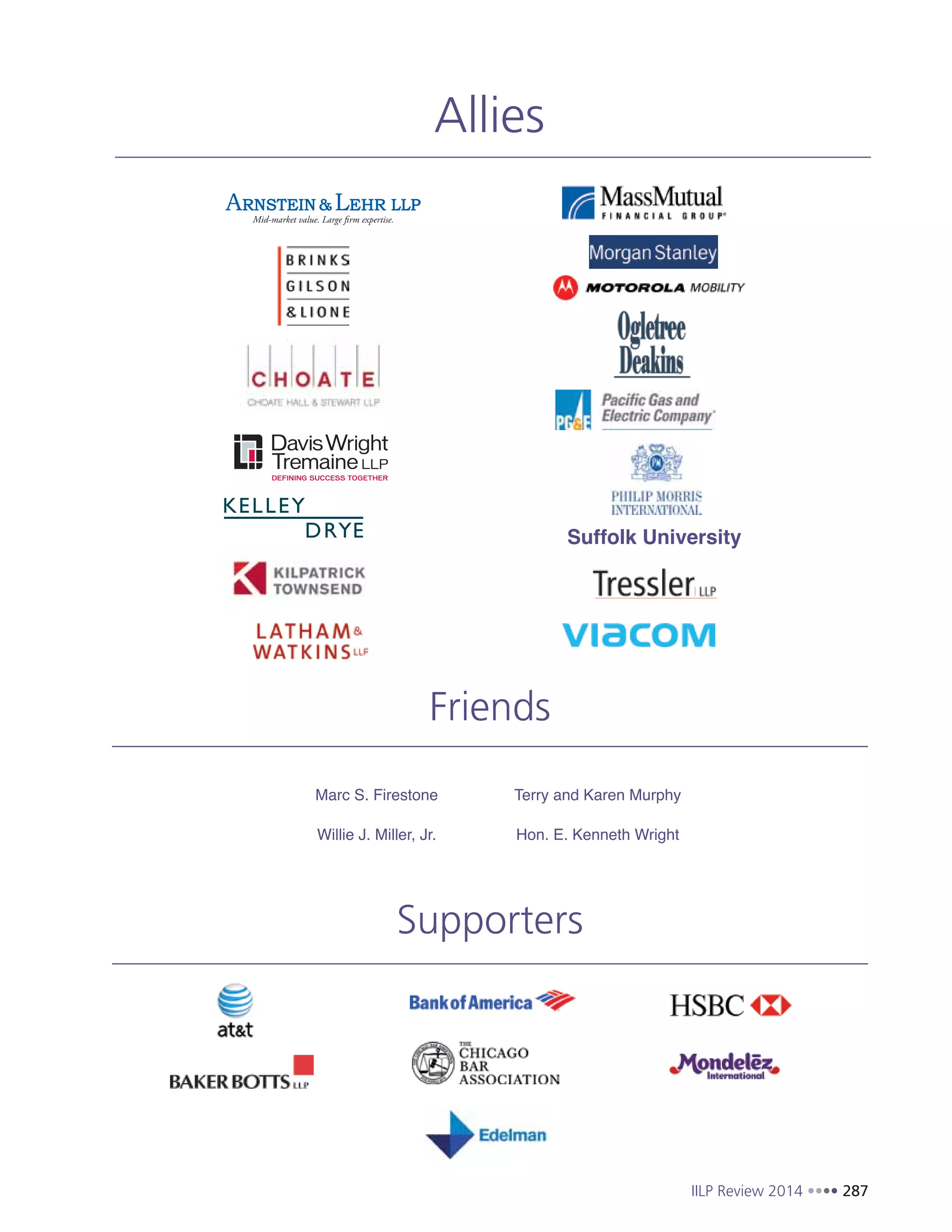 IILP Review 2014 287
Allies
Friends
Supporters
Marc S. Firestone
Willie J. Miller, Jr.
Terry and Karen Murphy
Hon. E. Kenneth Wright
Suffolk University
 