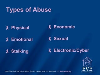 Types of Abuse
 Physical
 Emotional
 Stalking
 Economic
 Sexual
 Electronic/Cyber
 
